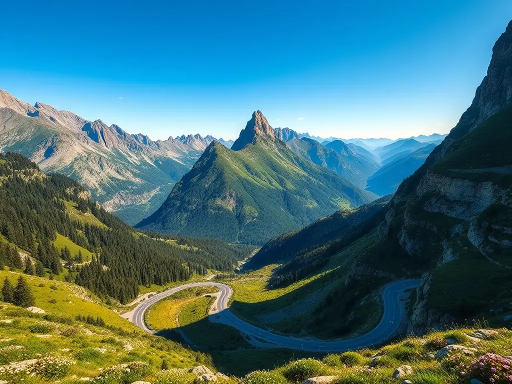 A winding mountain road with snow-capped peaks in the background, captured during a sunny day. The image should evoke a sense of adventure and breathtaking scenery, suitable for a travel blog.