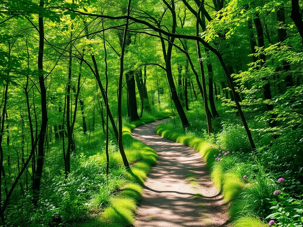 A road winding through a dense forest with sunlight filtering through the trees. The image should create a sense of tranquility and natural beauty, fitting for a travel blog.